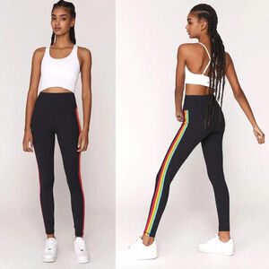 Spiritual Gangster Essential High Waist Rainbow Striped Leggings Black Size XS‎